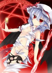 Rule 34 | 1girl, akisome hatsuka, card, hat, holding, looking at viewer, magic circle, mob cap, navel, pointy ears, purple hair, red eyes, remilia scarlet, short hair, solo, sparkle, spear the gungnir, torn clothes, touhou