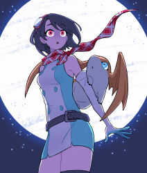 1girl bare_shoulders black_hair blue_eyes body_fur cowboy_shot digimon digimon_(creature) digimon_story:_time_stranger doodlelotl dress elbow_gloves eyewear_on_head full_moon gloves green_dress head_wings highres moon orange_fur orange_wings patamon pink_eyes player_character_(female)_(digimon_story:_time_stranger) sleeveless sleeveless_dress white_dress white_gloves wings