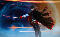 Rule 34 | 1boy, black hair, blood, blood on face, bloody weapon, dripping, fate/grand order, fate (series), firing, gloves, gun, highres, hijikata toshizou (fate), jacket, jacket on shoulders, katana, male focus, pointing sword, profile, red gloves, rifle, sword, weapon