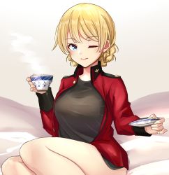 Rule 34 | 1girl, bed sheet, black shirt, blue eyes, braid, closed mouth, commentary, cup, darjeeling (girls und panzer), epaulettes, girls und panzer, holding, holding cup, holding saucer, ichinose yuu, jacket, light smile, long sleeves, looking at viewer, military, military jacket, military uniform, no pants, on bed, one eye closed, red jacket, saucer, shirt, short hair, sitting, solo, st. gloriana&#039;s military uniform, steam, teacup, thighs, twin braids, uniform, yokozuwari