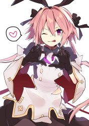 Rule 34 | 1boy, ;p, absurdres, astolfo (fate), astolfo (saber) (fate), astolfo (saber) (third ascension) (fate), bad id, bad pixiv id, black gloves, black headwear, black neckwear, bow, commentary, fate/apocrypha, fate/grand order, fate (series), gloves, gold trim, hair bow, heart, heart hands, highres, long hair, low twintails, male focus, multicolored hair, omucchan (omutyuan), one eye closed, pink hair, purple eyes, solo, spoken heart, tongue, tongue out, trap, twintails, white hair