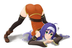 Rule 34 | 1girl, ?, ahoge, arched back, arm rest, ass, bare shoulders, black sleeves, black thighhighs, blue hair, breast press, brown footwear, detached sleeves, dress, female focus, fire emblem, fire emblem: radiant dawn, flexible, full body, green eyes, hairband, hands on ground, highres, jack-o&#039; challenge, long hair, looking at viewer, meme, mia (fire emblem), nintendo, ryuusaki rei, shadow, shoes, short dress, simple background, solo, spread legs, stretching, thighhighs, top-down bottom-up, white background, white hairband, wide spread legs
