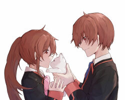 Rule 34 | animal, black jacket, blue necktie, bow, brother and sister, brown hair, cat, chinese commentary, closed mouth, commentary request, eyelashes, eyes visible through hair, from side, hair between eyes, hands up, holding, holding animal, holding cat, jacket, little busters!, little busters! school uniform, long hair, long sleeves, looking at animal, looking at another, natsume kyousuke, natsume rin, necktie, pink bow, ponytail, profile, red eyes, school uniform, short hair, siblings, simple background, sleeves past wrists, smile, tataraduck, tsurime, upper body, white background, white cat