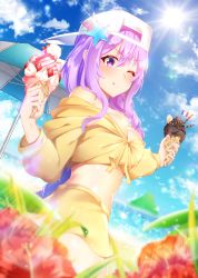 Rule 34 | 1girl, baseball cap, bb (fate), bb (fate) (all), bb (swimsuit mooncancer) (fate), bb (swimsuit mooncancer) (first ascension) (fate), beach, beach umbrella, blue sky, breasts, cherry, cleavage, cropped jacket, day, fate/extra, fate/extra ccc, fate/grand order, fate (series), flower, food, fruit, hat, highres, ice cream, ice cream cone, jacket, large breasts, licking lips, long hair, looking at viewer, maze yuri, midriff, mini flag, ocean, one eye closed, purple eyes, purple hair, skirt, sky, solo, strawberry, sunlight, tongue, tongue out, umbrella, very long hair, yellow jacket, yellow skirt