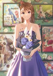 Rule 34 | 1girl, absurdres, bare shoulders, blurry, blurry background, bouquet, brown hair, dress, flower, highres, holding, holding bouquet, looking at viewer, medium hair, original, painting (object), poster (object), purple dress, standing, tapiokaesi