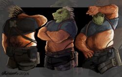 Rule 34 | 1boy, alternate muscle size, animal head, back tattoo, bara, belly, belt, caiman (dorohedoro), cosplay, cropped legs, dorohedoro, fat, fat man, green scales, hairy, highres, large pectorals, leon s. kennedy, leon s. kennedy (cosplay), male focus, mothballlz, multiple views, muscular, muscular male, nipples, pants, pectorals, reptile boy, resident evil, stomach, tattoo, thick arm hair, thick navel hair