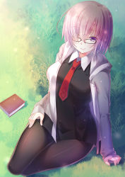 Rule 34 | 1girl, ame wa a ga tsutano?, arm support, black pantyhose, breasts, fate/grand order, fate (series), full body, glasses, grass, large breasts, legs, looking at viewer, mash kyrielight, necktie, pantyhose, pink eyes, pink hair, short hair, smile, solo, thighs