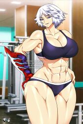 Rule 34 | 1girl, blue eyes, breasts, commentary, demon, devil bringer, devil may cry, devil may cry (series), devil may cry 4, english commentary, genderswap, genderswap (mtf), gym shirt, gym shorts, gym uniform, hand on own thigh, highres, jadenkaiba, large breasts, looking at viewer, muscular, muscular female, nero (devil may cry), shirt, short hair, shorts, smile, smirk, white hair