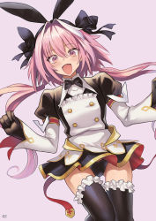 Rule 34 | 1boy, astolfo (fate), astolfo (saber) (fate), astolfo (saber) (third ascension) (fate), black bow, black gloves, black panties, black ribbon, black thighhighs, blush, bow, bowtie, fate/grand order, fate (series), gloves, hair bow, hair intakes, hair ribbon, highres, long hair, long sleeves, looking at viewer, male focus, meme50, multicolored hair, open clothes, panties, pink hair, purple eyes, ribbon, smile, solo, streaked hair, thighhighs, trap, twintails, underwear, white hair