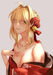 Rule 34 | 10s, 1girl, ahoge, bare shoulders, blonde hair, breasts, cleavage, collarbone, fate/extella, fate/extra, fate (series), flower, green eyes, grey background, hair between eyes, hair flower, hair ornament, hand on breast, hand on own chest, japanese clothes, kimono, looking at viewer, medium breasts, nero claudius (fate), nero claudius (fate), nero claudius (fate/extra), no bra, off shoulder, open clothes, open kimono, parted lips, pink lips, red flower, red rose, rose, short hair, simple background, solo, whitem (whiteemperor2020), yellow flower, yellow rose