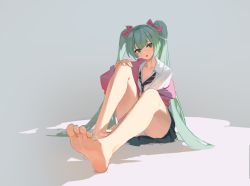 Rule 34 | 1girl, aqua eyes, aqua hair, barefoot, breasts, cleavage, feet, hand on own knee, hatsune miku, highres, long hair, looking at viewer, medium breasts, necktie, open mouth, panties, pantyshot, sitting, soles, solo, toes, twintails, underwear, very long hair, vocaloid