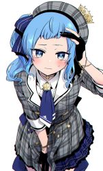 Rule 34 | 1girl, absurdres, beret, blouse, blue eyes, blue hair, collared shirt, grey hat, hair between eyes, hand on own head, hat, highres, hololive, hoshimachi suisei, hoshimachi suisei (1st costume), jacket, long hair, looking at viewer, open mouth, plaid, plaid jacket, shirt, short bangs, side ponytail, simple background, smile, solo, star (symbol), star in eye, symbol in eye, tsumumi (kandume103), virtual youtuber, white background, white shirt