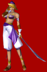 Rule 34 | 1girl, 3d, baggy pants, bandana, blonde hair, bra, female focus, jewelry, legaia 2 duel saga, legaia densetsu, lingerie, lowres, mystic, natsumi arisawa, no shirt, official art, pants, pirate, red background, sharon, sharon blade, shoes, simple background, solo, sword, underwear, weapon