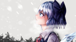 Rule 34 | 1girl, blouse, blue bow, blue eyes, blue hair, bow, cirno, collared shirt, commentary request, from side, grey background, hair between eyes, hair bow, highres, ice, ice wings, looking up, mahoro (minase mahoro), neck ribbon, open mouth, outdoors, profile, red ribbon, ribbon, shirt, snowing, solo, touhou, white shirt, wings, winter