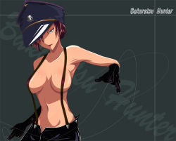 Rule 34 | 1girl, bad id, bad pixiv id, bakuretsu hunters, blue eyes, breasts, chocolate misu, copyright name, dominatrix, gloves, grey background, hair over one eye, hat, naked suspenders, open fly, garrote, red hair, revealing clothes, sahare, serious, short hair, solo, suspenders, topless, unzipped