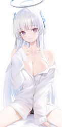Rule 34 | 1girl, absurdres, arm support, bare shoulders, black panties, blue archive, blush, breasts, cleavage, clothes pull, collarbone, grey hair, halo, highres, huhi (huhi 1211), large breasts, light smile, long hair, looking at viewer, noa (blue archive), oversized clothes, oversized shirt, panties, partially unbuttoned, purple eyes, shirt, shirt pull, sidelocks, sitting, solo, spread legs, underwear, very long hair, white shirt