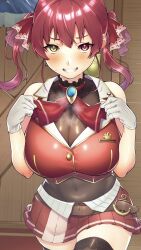 Rule 34 | 1girl, ascot, black choker, blush, breasts, brown thighhighs, choker, cleavage, covered navel, cropped jacket, frilled choker, frills, gloves, grin, hair ribbon, heart, heart-shaped pupils, heterochromia, highres, hololive, houshou marine, houshou marine (1st costume), jacket, large breasts, leotard, leotard under clothes, long hair, looking at viewer, neokinayo, parted lips, pleated skirt, red ascot, red eyes, red hair, red jacket, red ribbon, red skirt, ribbon, skirt, sleeveless, sleeveless jacket, smile, solo, steaming body, symbol-shaped pupils, teeth, thighhighs, twintails, virtual youtuber, white gloves, yellow eyes