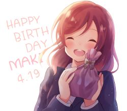 Rule 34 | 10s, 1girl, :d, ^ ^, blush, character name, closed eyes, dated, closed eyes, facing viewer, happy birthday, holding, long sleeves, love live!, love live! school idol project, nishikino maki, nonono (nononotea), nononon, open mouth, red hair, sack, smile, solo, upper body