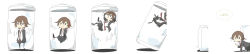 Rule 34 | 10s, 1girl, brown hair, climbing, comic, crawling, expressionless, hands in pockets, highres, in container, jacket, jar, kantai collection, kenji (8zidayo), long image, mini person, minigirl, necktie, pantyhose, pleated skirt, school uniform, short hair, skirt, standing, translated, wakaba (kancolle), wide image
