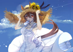 Rule 34 | 1girl, agnes tachyon (umamusume), aiha-deko, alternate costume, animal ears, artist name, bad id, bad pixiv id, bare arms, breasts, brown hair, cleavage, cloud, contrail, dress, ears through headwear, flower, hair between eyes, hand on headwear, hat, hat flower, horse ears, horse girl, horse tail, jewelry, looking at viewer, medium hair, mouth hold, necklace, papico (ice cream), red eyes, sleeveless, sleeveless dress, small breasts, solo, straw hat, sunflower, tail, umamusume, upper body, white dress