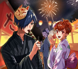 Rule 34 | 1girl, 2boys, ^ ^, aerial fireworks, arm at side, black hair, black kimono, blue hair, blue kimono, blush, brown hair, candy apple, closed eyes, commentary, eating, festival, fireworks, floral print, food, food in mouth, food stand, fox mask, hair ornament, hair over one eye, hair slicked back, hairclip, hand up, highres, holding, holding food, holding skewer, japanese clothes, joowon (jju oon), kebab, kimono, lantern, long sleeves, mask, mask on head, mochizuki ryouji, morning glory print, multiple boys, night, night sky, official alternate costume, open mouth, paper lantern, persona, persona 3, persona 3 portable, pink sash, ponytail, print kimono, red eyes, sash, shiomi kotone, short hair, skewer, sky, sky lantern, smile, standing, striped clothes, striped kimono, summer festival, vertical-striped clothes, vertical-striped kimono, white kimono, yakitori, yukata, yuuki makoto (persona 3)
