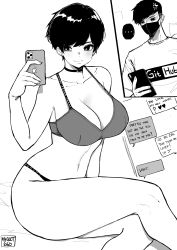 Rule 34 | ..., 1boy, 1girl, absurdres, anger vein, apple inc., artist logo, artist name, bare legs, bare shoulders, black hair, bra, breasts, bright pupils, cellphone, cellphone photo, choker, cleavage, collarbone, english text, feet out of frame, github, greyscale, highres, large breasts, looking at phone, mask, monochrome, navel, norman maggot, olive laurentia, original, panties, phone, prada, product placement, selfie, shaded face, short hair, sigit martinus, smartphone, smile, spoken ellipsis, teasing, text messaging, thick thighs, thighs, tsurime, underwear