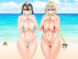 Rule 34 | areola slip, bare arms, bare shoulders, beach, black ribbon, blonde hair, blue one-piece swimsuit, blue sky, blue slingshot swimsuit, blush, braid, breasts, cleavage, closed mouth, collarbone, covered erect nipples, day, embarrassed, fate/grand order, fate (series), frown, groin, hair ribbon, hands on own chest, hayama kazusa, headpiece, highres, holy grail, huge breasts, jeanne d&#039;arc (fate), jeanne d&#039;arc (ruler) (fate), jeanne d&#039;arc alter (avenger) (fate), jeanne d&#039;arc alter (fate), lips, long hair, looking at viewer, navel, nose blush, ocean, one-piece swimsuit, outdoors, parted lips, red one-piece swimsuit, red slingshot swimsuit, ribbon, sagging breasts, shiny skin, short hair, side-by-side, single braid, sky, slingshot swimsuit, stomach, swimsuit, tareme, tearing up, tears, thighs, triangle mouth, v-shaped eyebrows, very long hair, water