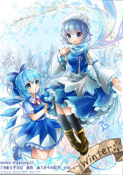 Rule 34 | 2girls, apron, artist name, black socks, blue bow, blue dress, blue footwear, blue hair, boots, bow, brown footwear, cirno, copyright name, dated, dress, full body, hair bow, ice, ice wings, juliet sleeves, lakestep55, letty whiterock, long sleeves, looking at another, multiple girls, open mouth, outdoors, polearm, puffy sleeves, purple hair, scarf, short hair, short sleeves, snowflakes, socks, touhou, trident, twitter username, waist apron, weapon, white apron, white headwear, white scarf, white socks, wings, winter