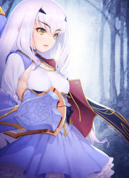 Rule 34 | 1girl, blue cape, blue dress, breasts, brown eyes, cape, dress, melusine (fate), melusine (second ascension) (fate), fate/grand order, fate (series), forest, forked eyebrows, frills, highres, kazuma muramasa, long hair, long sleeves, nature, parted lips, sidelocks, small breasts, solo, weapon, white hair