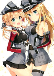 Rule 34 | 2girls, :d, absurdres, anchor hair ornament, ass, bare shoulders, bismarck (kancolle), black gloves, black panties, blonde hair, blue eyes, blush, breasts, cross, detached sleeves, gloves, grey legwear, hair ornament, hat, highres, holding hands, interlocked fingers, iron cross, kani biimu, kantai collection, large breasts, long hair, long sleeves, looking at viewer, military, military hat, military uniform, multiple girls, open mouth, panties, peaked cap, prinz eugen (kancolle), scan, sideboob, simple background, skirt, smile, thighhighs, twintails, underwear, uniform, white background, white gloves, white panties