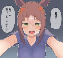 Rule 34 | 1girl, animal ears, breasts, brown hair, casual, commentary request, fine motion (umamusume), folded ponytail, green eyes, grey background, hair between eyes, heavy breathing, highres, horse ears, horse girl, kyutai x, open mouth, pov, simple background, small breasts, solo, sweat, translation request, umamusume, you gonna get raped