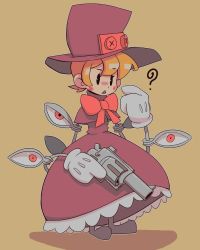 Rule 34 | 1girl, ?, blush stickers, bow, bowtie, cyborg, dress, finger on trigger, frilled dress, frills, frown, gloves, gun, hand up, handgun, hat, highres, holding, holding gun, holding weapon, open mouth, orange hair, peacock (skullgirls), pointing, pointing at self, revolver, short hair, skullgirls, solo, tan background, top hat, weapon, yellow background