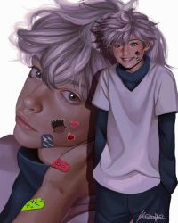 Rule 34 | 1boy, artist request, child, commentary, english commentary, highres, hunter x hunter, killua zoldyck, laurarts 23, lips, long sleeves, looking at viewer, male focus, nose, parted lips, realistic, short hair, simple background, smile, solo, sticker, teeth, white hair