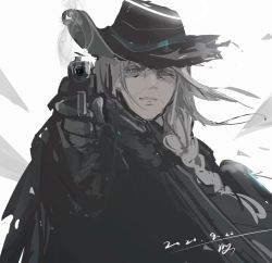 Rule 34 | arknights, black gloves, braid, cloak, closed mouth, dated, gender request, gloves, grey eyes, grey hair, gun, hat, highres, holding, holding gun, holding weapon, long hair, pointing weapon, qiumoyixing, signature, sketch, smoke, solo, steam, torn, torn cloak, torn clothes, torn hat, weapon