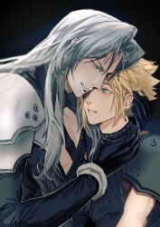 Rule 34 | 2boys, armor, black background, black coat, black gloves, black sweater, blonde hair, blue eyes, chest strap, clenched teeth, cloud strife, coat, commentary request, earrings, evil smile, final fantasy, final fantasy vii, gloves, green eyes, grey hair, hand in another&#039;s hair, hand on another&#039;s chest, hand on another&#039;s neck, high collar, highres, jeff 000000, jewelry, long hair, long sleeves, looking down, looking up, male focus, multiple boys, open clothes, open coat, parted lips, pauldrons, sephiroth, short hair, shoulder armor, sleeveless, sleeveless sweater, sleeveless turtleneck, smile, smirk, spiked hair, strangling, stud earrings, sweater, teeth, turtleneck, upper body, yaoi