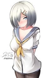 Rule 34 | 10s, 1girl, 2015, arms behind back, artist name, bad id, bad pixiv id, black pantyhose, blue eyes, blush, breasts, collarbone, cowboy shot, dated, female focus, glasses, hair ornament, hair over one eye, hairclip, hamakaze (kancolle), kantai collection, large breasts, looking at viewer, neckerchief, nekobaka, pantyhose, school uniform, serafuku, short hair, silver hair, simple background, sketch, solo, twitter username, white background, yellow neckerchief