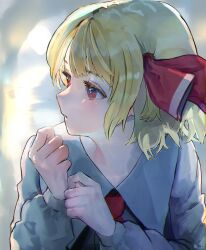 Rule 34 | 1girl, ascot, black vest, blonde hair, bow, eneshi, hair ribbon, hand up, hands up, highres, looking to the side, no headwear, red ascot, red eyes, red ribbon, ribbon, rumia, short hair, skirt, skirt set, solo, touhou, upper body, vest