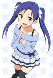Rule 34 | 1girl, alternate hairstyle, black thighhighs, blue hair, blush, bow, brown eyes, collarbone, hair ribbon, hashi, idolmaster, idolmaster (classic), kisaragi chihaya, long hair, long sleeves, looking at viewer, open mouth, pleated skirt, ribbon, skirt, solo, standing, star (symbol), starry background, sweater, thighhighs, twintails, zettai ryouiki
