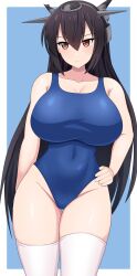 Rule 34 | 1girl, black hair, blue background, blue one-piece swimsuit, border, breasts, competition swimsuit, covered navel, cowboy shot, hand on own hip, headgear, highleg, highleg swimsuit, highres, kantai collection, large breasts, long hair, looking at viewer, nagato (kancolle), one-piece swimsuit, red eyes, solo, sumiboshi (zatsuha), swimsuit, thighhighs, white border, white thighhighs