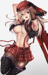 Rule 34 | 1girl, :o, absurdres, alisa ilinichina amiella, areola slip, armpits, arms up, black footwear, black gloves, black vest, blue eyes, blush, boots, breasts, brown thighhighs, cabbie hat, elbow gloves, fingerless gloves, gloves, god eater, grey background, hair between eyes, has bad revision, has downscaled revision, hat, highres, holding, holding weapon, huge weapon, large breasts, leg up, long hair, looking at viewer, md5 mismatch, navel, open clothes, open mouth, open vest, pantyhose, plaid, plaid headwear, plaid skirt, red hat, red skirt, resolution mismatch, revealing clothes, silver hair, simple background, skirt, snm (sunimi), solo, source smaller, stomach, suspender skirt, suspenders, suspenders pull, thigh boots, thigh gap, thighhighs, torn clothes, torn legwear, underboob, v-shaped eyebrows, vest, weapon