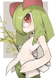 Rule 34 | 1girl, absurdres, blush, branch, closed mouth, colored skin, cowboy shot, creatures (company), female focus, flat chest, game freak, gen 3 pokemon, green hair, green skin, hair over one eye, highres, hiranko, jpeg artifacts, kirlia, long hair, looking to the side, multicolored skin, nintendo, no humans, pokemon, pokemon (creature), red eyes, solo, standing, two-tone skin, white skin