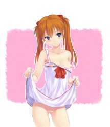 Rule 34 | 00s, 1girl, alternate hairstyle, armpits, bad id, bad pixiv id, bare shoulders, blue eyes, blush, bow, breasts, chemise, cleavage, closed mouth, clothes lift, collarbone, contrapposto, cowboy shot, dress, dress lift, embarrassed, evangelion: 2.0 you can (not) advance, frown, hair between eyes, hair ornament, hair up, head tilt, highres, hiten (hitenkei), lace, lifted by self, lingerie, long hair, medium breasts, neon genesis evangelion, nipple slip, nipples, no bra, no panties, orange hair, outline, outside border, parted bangs, pink background, pussy, rebuild of evangelion, red bow, red hair, simple background, solo, souryuu asuka langley, standing, strap slip, twintails, uncensored, underwear, underwear only, white dress