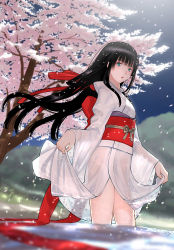 Rule 34 | 1girl, black hair, blue eyes, blunt bangs, bow, cherry blossoms, clothes lift, hime cut, japanese clothes, kimono, kimono lift, lifted by self, long hair, obi, open mouth, original, sakamoto mineji, sash, see-through silhouette, skirt, skirt lift, solo, very long hair, wading, water