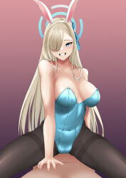 Rule 34 | 1boy, 1girl, absurdres, asuna (blue archive), asuna (bunny) (blue archive), blue archive, clothed female nude male, highres, kztm, leotard, nude, playboy bunny, sitting, sitting on person, smile
