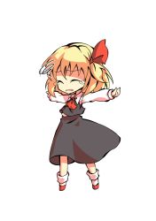 Rule 34 | 1girl, arms up, ascot, blonde hair, chibi, collar, collared shirt, crying, dairi, full body, grey skirt, grey vest, hair between eyes, hair ribbon, hands up, long skirt, long sleeves, open mouth, red ascot, red footwear, red ribbon, ribbon, rumia, shaded face, shirt, shoes, short hair, simple background, skirt, smile, socks, solo, standing, tachi-e, tears, touhou, transparent background, vest, white background, white shirt, white sleeves, white socks