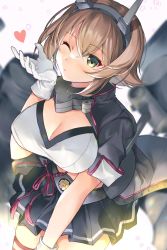 Rule 34 | 1girl, black cape, black capelet, black skirt, blowing kiss, blush, breasts, brown hair, cape, capelet, cleavage, commission, gloves, green eyes, headgear, highres, kantai collection, large breasts, looking at viewer, midriff, mutsu (kancolle), mutsu kai ni (kancolle), one eye closed, red thighhighs, rigging, short hair, skeb commission, skirt, solo, striped clothes, striped skirt, striped thighhighs, thighhighs, white gloves, yam (yamap mako)
