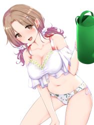 Rule 34 | 1girl, bikini, bikini bottom only, bracelet, breasts, brown eyes, brown hair, cleavage, commentary request, floral print, flower, hair ornament, hair scrunchie, hairclip, highres, ichikawa hinana, idolmaster, idolmaster shiny colors, jewelry, large breasts, long hair, looking at viewer, low twintails, navel, open mouth, parted bangs, print bikini, rocha (aloha ro cha), scrunchie, solo, swimsuit, twintails, white background