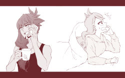 Rule 34 | 1boy, 1girl, ^^^, alternate costume, bare shoulders, blanket, clenched hand, creatures (company), cup, facial hair, game freak, greyscale, hair down, hand up, holding, holding cup, leon (pokemon), long hair, long sleeves, looking to the side, lying, monochrome, nintendo, on stomach, pajamas, pokemon, pokemon: twilight wings, pokemon swsh, singlet, sleeveless, sonia (pokemon), surprised, talking on phone, upper body