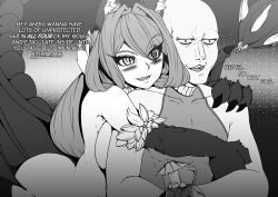 Rule 34 | 1boy, 1girl, abstract background, animal ear fluff, animal ears, animal hands, ass, bald, bare shoulders, bat wings, bent over, blush, breast press, breasts, claws, clothed male nude female, cocktail umbrella, drink, elakan, eyes visible through hair, hair intakes, highres, hug, hug from behind, ice, ice cube, in heat, large breasts, lips, manticore (monster girl encyclopedia), meme, monochrome, monster girl, monster girl encyclopedia, monster girl encyclopedia ii, nude, rejection, sideboob, tail, wings