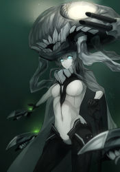 Rule 34 | 10s, 1girl, abyssal ship, aqua eyes, bubble, cape, enemy aircraft (kancolle), genyaky, gloves, glowing, glowing eyes, highres, kantai collection, long hair, monster, navel, pale skin, personification, silver hair, solo, staff, underwater, wo-class aircraft carrier